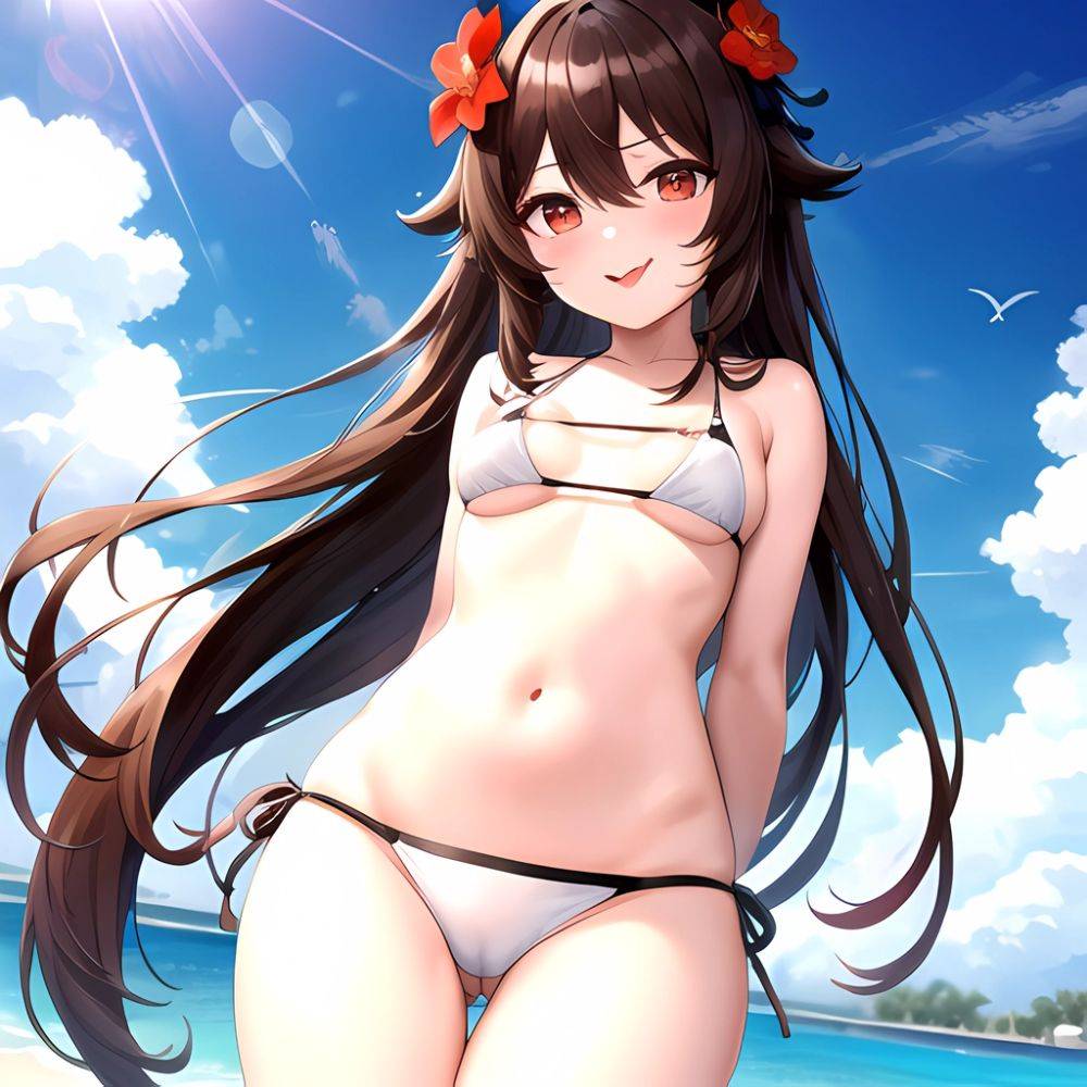 1girl Q Absurdres Arms Behind Back Bikini Blush Breasts Brown Hair Cameltoe Cleft Of Venus Covered Nipples Cowboy Shot Flower, 3044835223 - AIHentai - #main