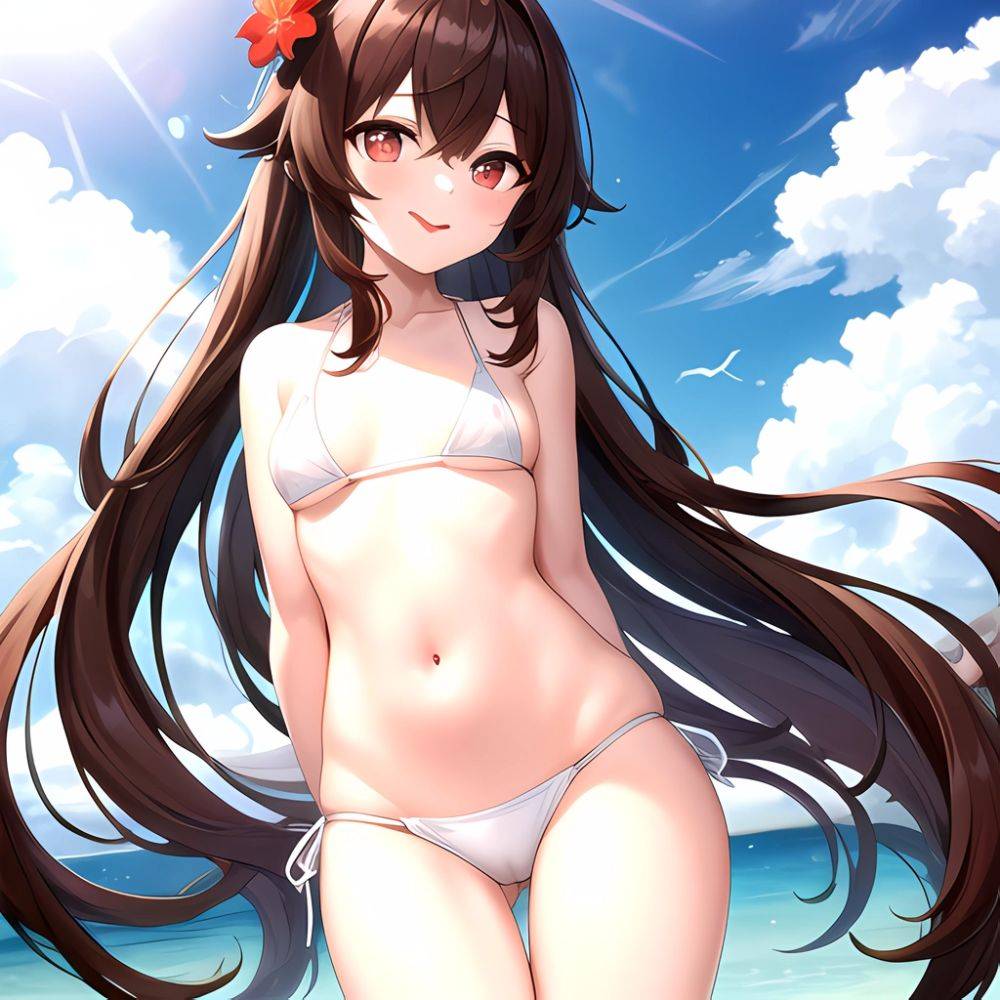 1girl Q Absurdres Arms Behind Back Bikini Blush Breasts Brown Hair Cameltoe Cleft Of Venus Covered Nipples Cowboy Shot Flower, 1223859154 - AIHentai - #main