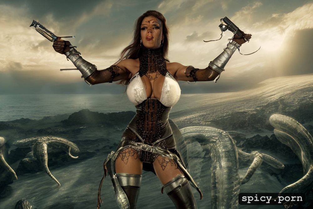 fantasy gothic style, extremely detailed, ebony lady twins have tiger furred arms and smooth coated otter skinned chest - #main