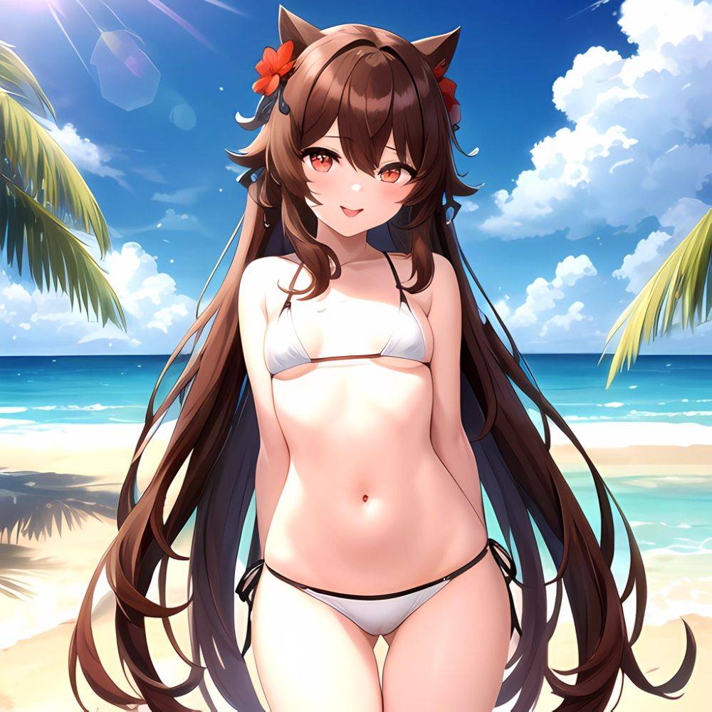 1girl Q Absurdres Arms Behind Back Bikini Blush Breasts Brown Hair Cameltoe Cleft Of Venus Covered Nipples Cowboy Shot Flower, 1105890621 - AIHentai - #main