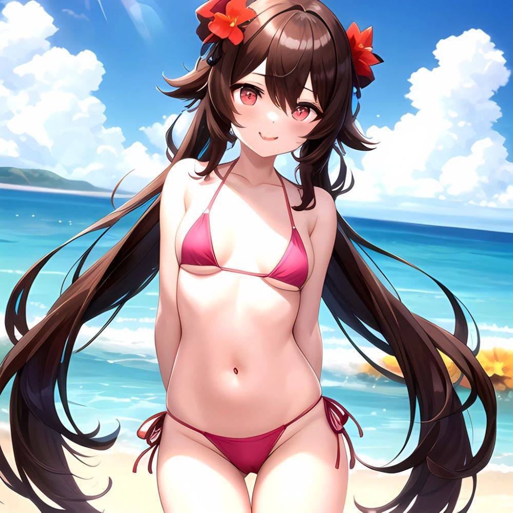 1girl Q Absurdres Arms Behind Back Bikini Blush Breasts Brown Hair Cameltoe Cleft Of Venus Covered Nipples Cowboy Shot Flower, 1490992470 - AIHentai - #main