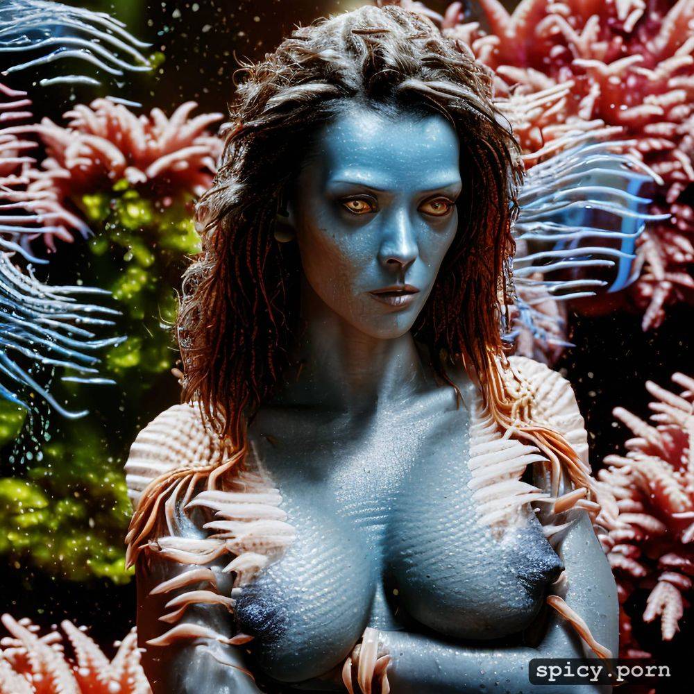 realistic, visible nipple, masterpiece, young sigourney weaver as blue alien from the movie avatar sigourney weaver swimming underwater near a coral reef wearing tribal top and thong - #main