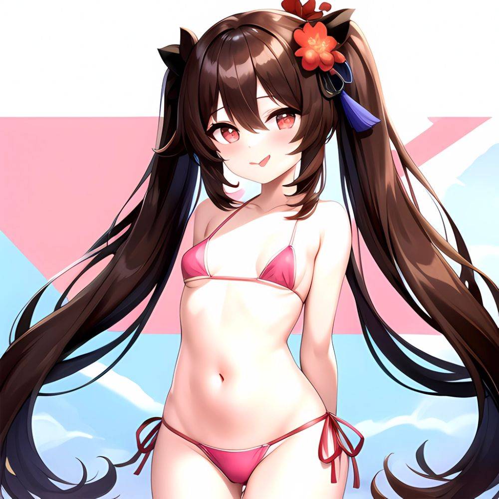 1girl Q Absurdres Arms Behind Back Bikini Blush Breasts Brown Hair Cameltoe Cleft Of Venus Covered Nipples Cowboy Shot Flower, 1045025420 - AIHentai - #main