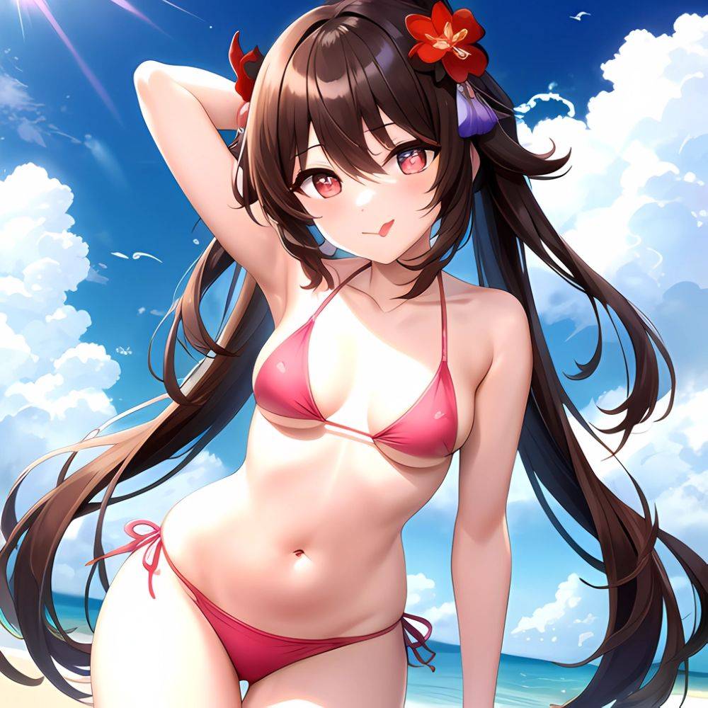 1girl Q Absurdres Arms Behind Back Bikini Blush Breasts Brown Hair Cameltoe Cleft Of Venus Covered Nipples Cowboy Shot Flower, 3715727193 - AIHentai - #main