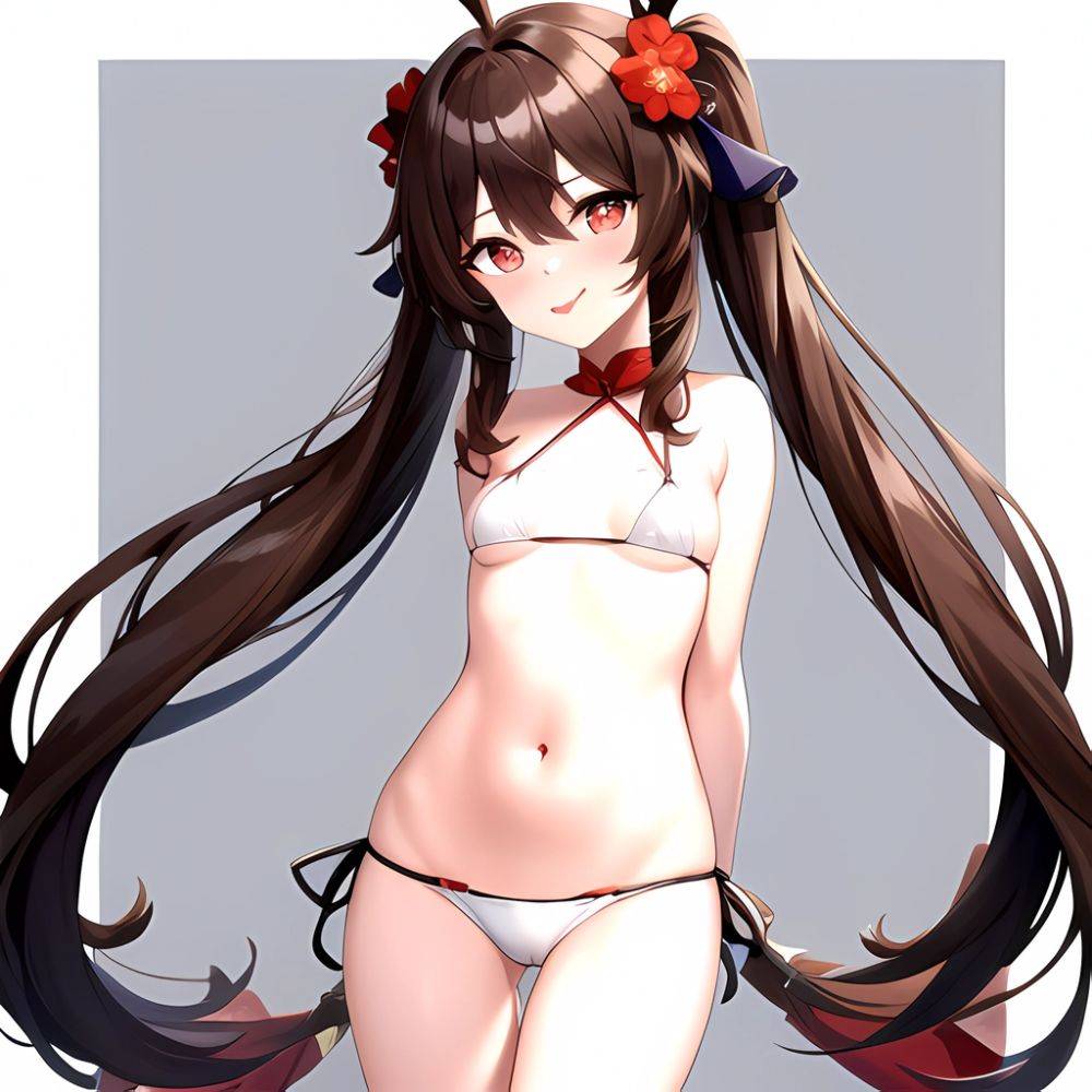 1girl Q Absurdres Arms Behind Back Bikini Blush Breasts Brown Hair Cameltoe Cleft Of Venus Covered Nipples Cowboy Shot Flower, 3123377306 - AIHentai - #main