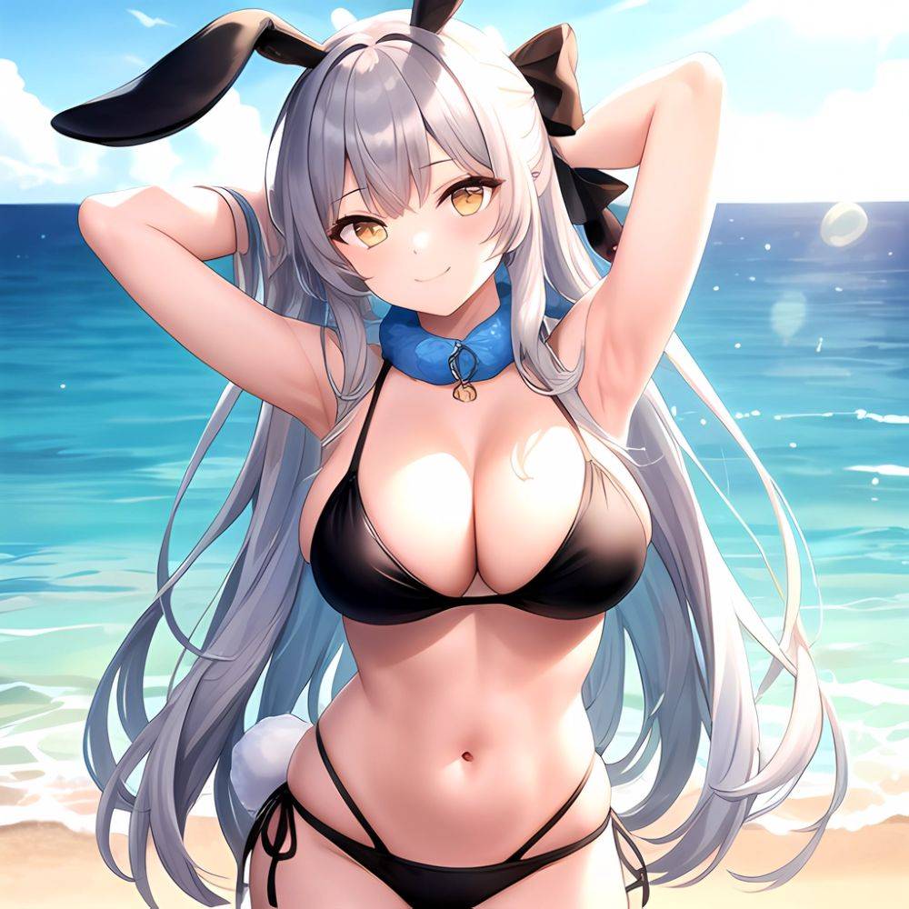 1girl Animal Ears Arms Behind Head Armpits Bare Shoulders Bikini Black Bikini Blue Bow Bow Breasts Cleavage Closed Mouth Cowboy, 1291715094 - AIHentai - #main