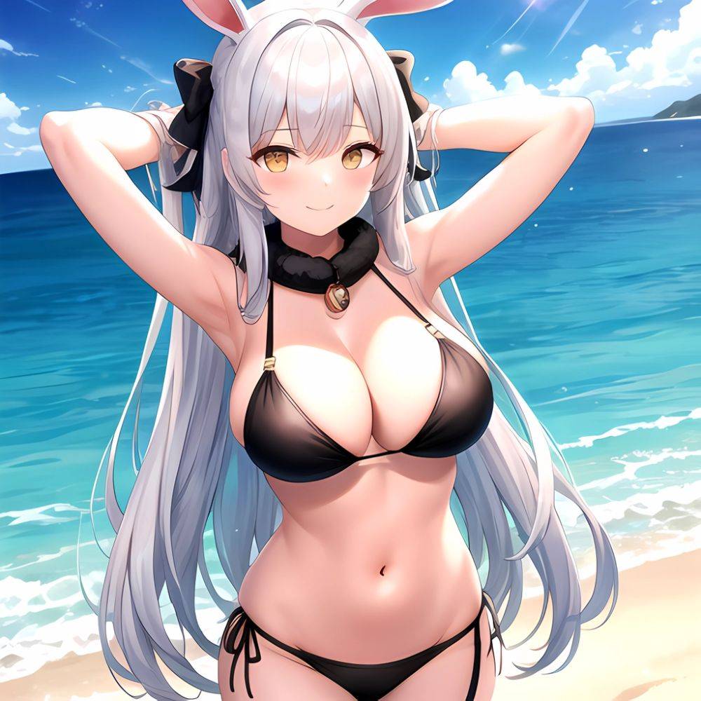 1girl Animal Ears Arms Behind Head Armpits Bare Shoulders Bikini Black Bikini Blue Bow Bow Breasts Cleavage Closed Mouth Cowboy, 1567263971 - AIHentai - #main