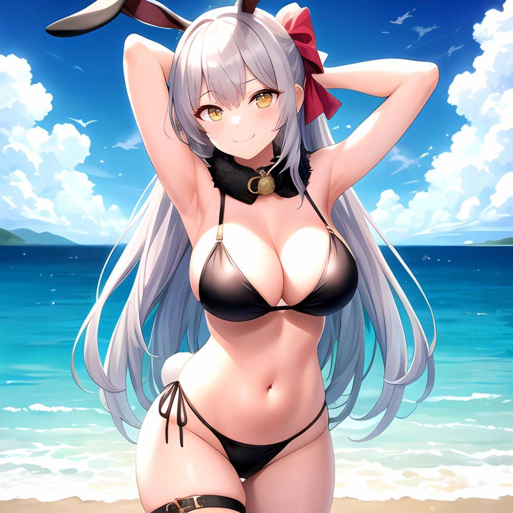 1girl Animal Ears Arms Behind Head Armpits Bare Shoulders Bikini Black Bikini Blue Bow Bow Breasts Cleavage Closed Mouth Cowboy, 1548029734 - AIHentai - #main