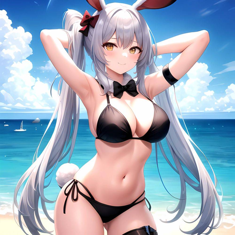 1girl Animal Ears Arms Behind Head Armpits Bare Shoulders Bikini Black Bikini Blue Bow Bow Breasts Cleavage Closed Mouth Cowboy, 4280912404 - AIHentai - #main