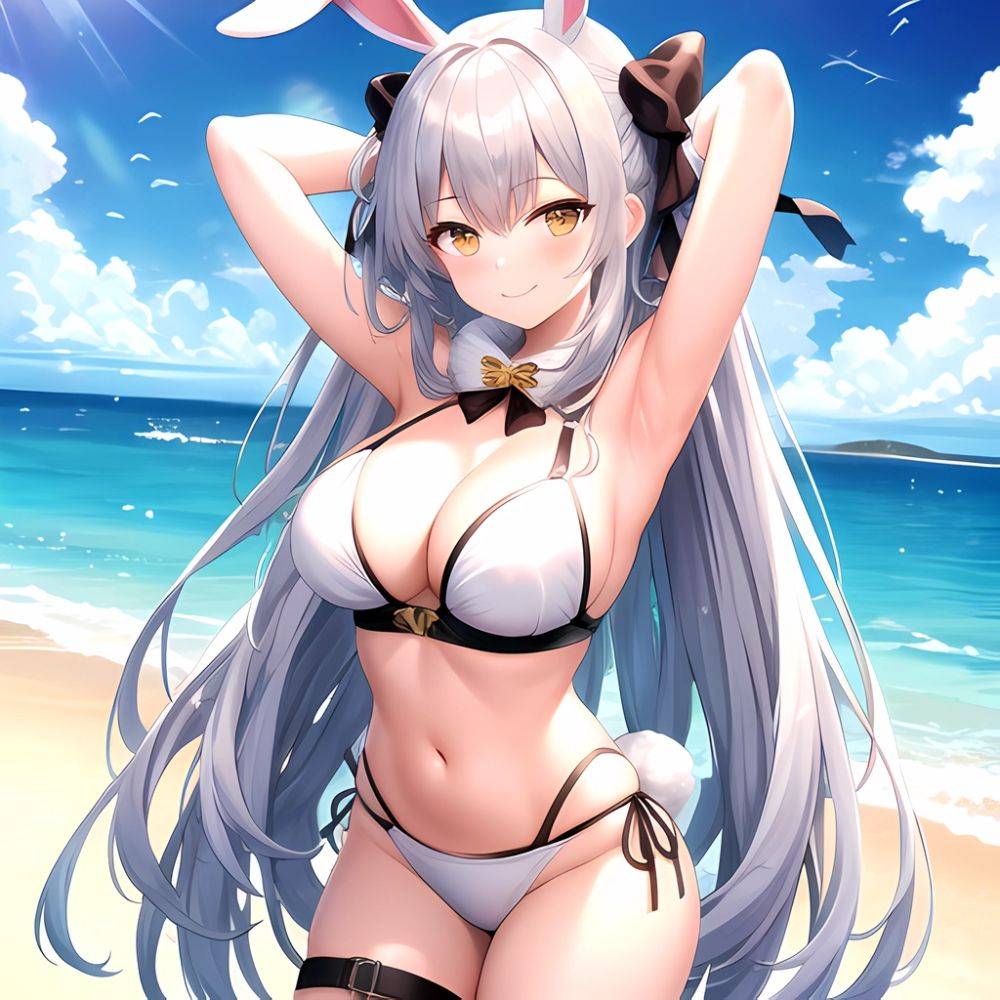 1girl Animal Ears Arms Behind Head Armpits Bare Shoulders Bikini White Bikini Blue Bow Bow Breasts Cleavage Closed Mouth Cowboy, 70499474 - AIHentai - #main