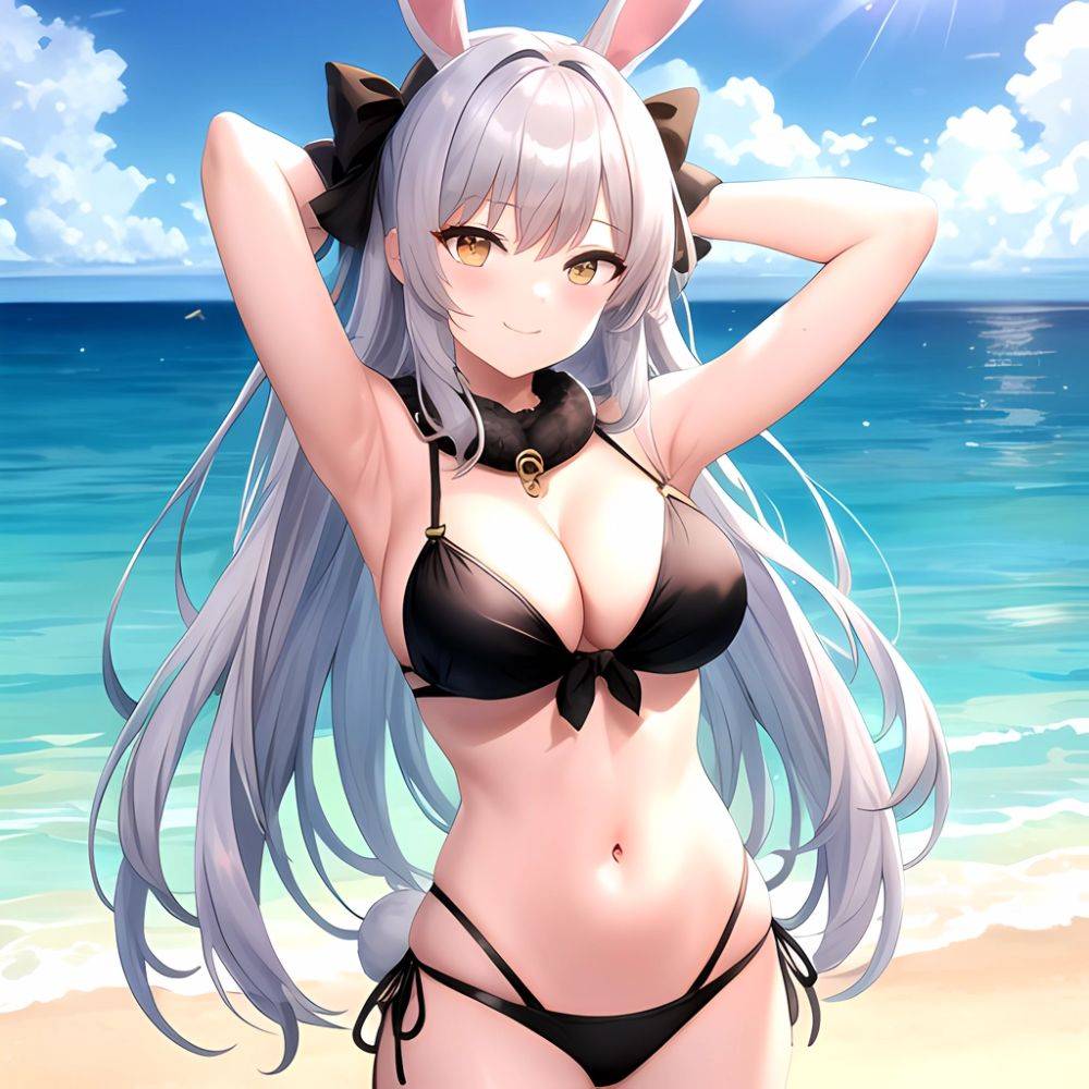 1girl Animal Ears Arms Behind Head Armpits Bare Shoulders Bikini Black Bikini Blue Bow Bow Breasts Cleavage Closed Mouth Cowboy, 3490119145 - AIHentai - #main