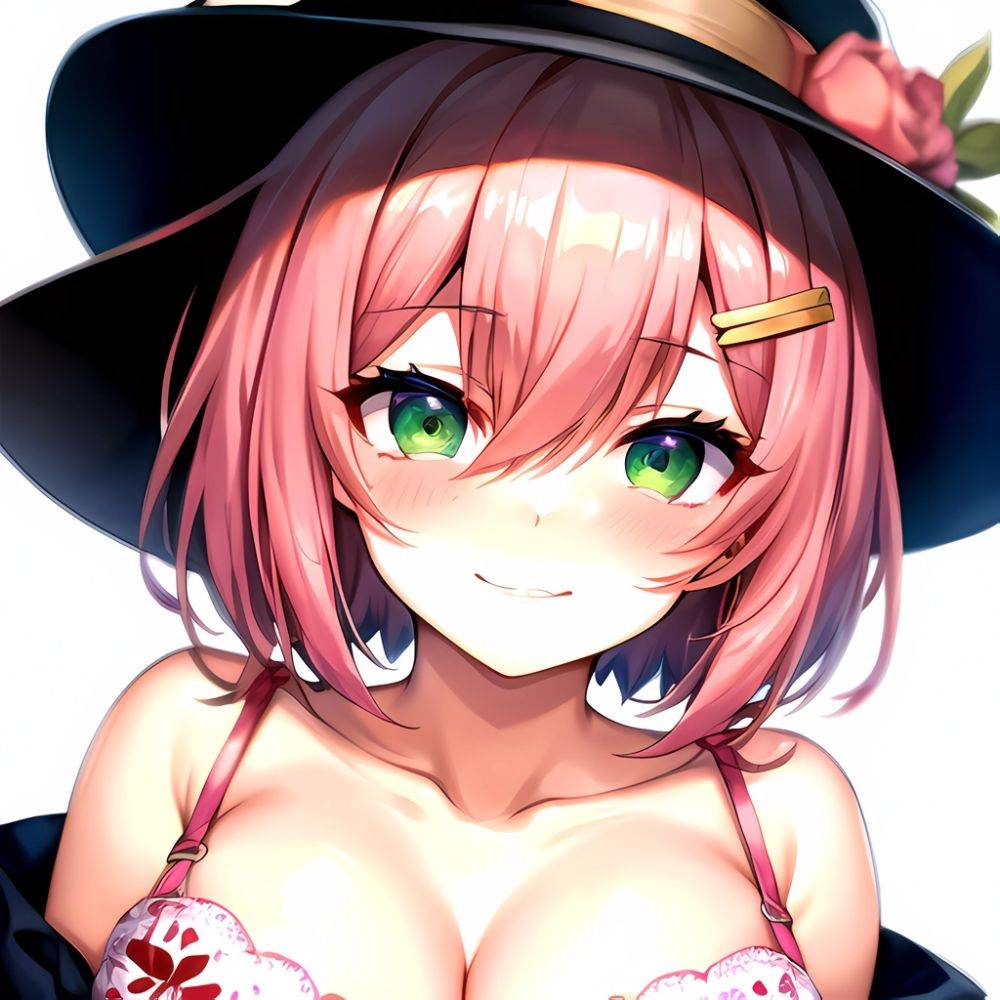 1girl Blush Bob Cut Bra Breasts Cleavage Close Up Closed Mouth Collarbone Commentary Eyelashes Eyes Visible Through Hair Floral, 3089267890 - AIHentai - #main