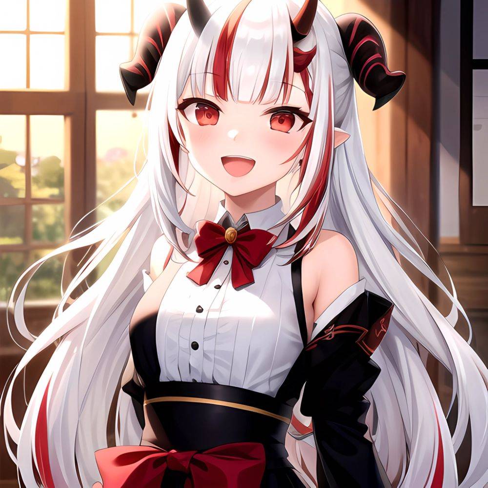 1girl Hololive Horns Long Hair Multicolored Hair Nakiri Ayame Open Mouth Smile Solo Streaked Hair Tonton Utaro White Hair Arms, 1876052339 - AIHentai - #main