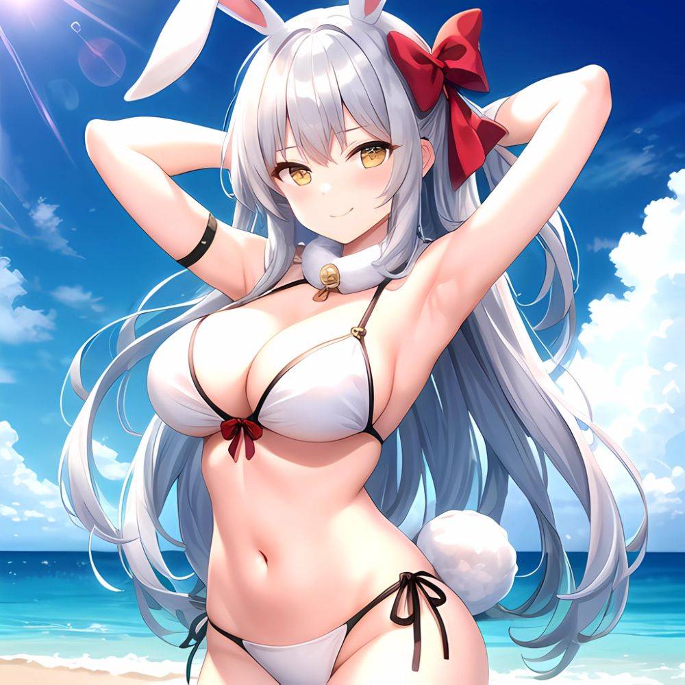 1girl Animal Ears Arms Behind Head Armpits Bare Shoulders Bikini White Bikini Blue Bow Bow Breasts Cleavage Closed Mouth Cowboy, 415924067 - AIHentai - #main