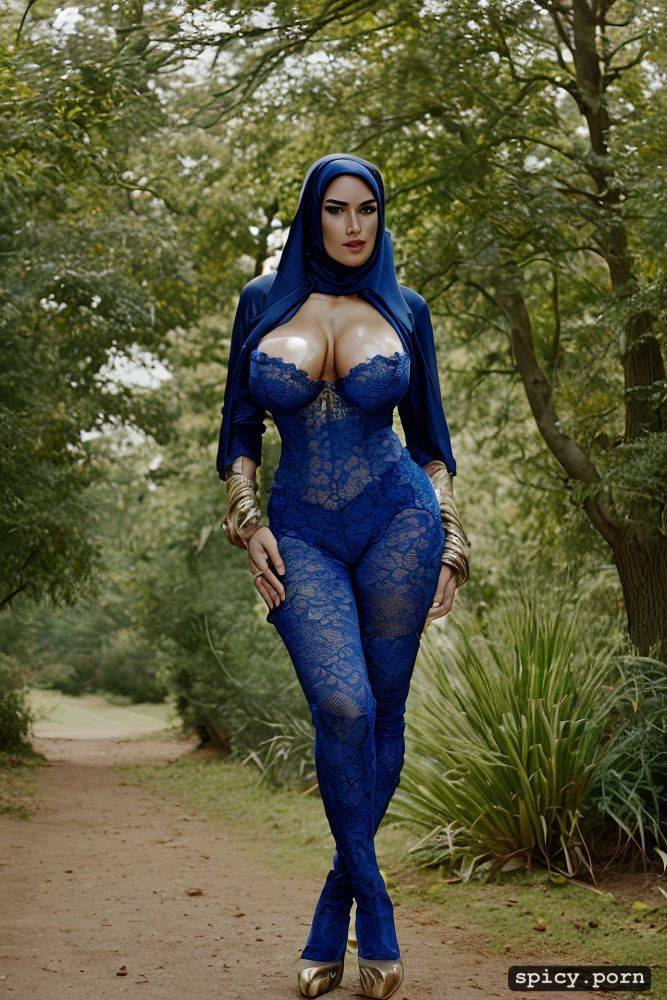 front view, bright color hijab oiled body blue lace leg s bride garters botomleess - #main