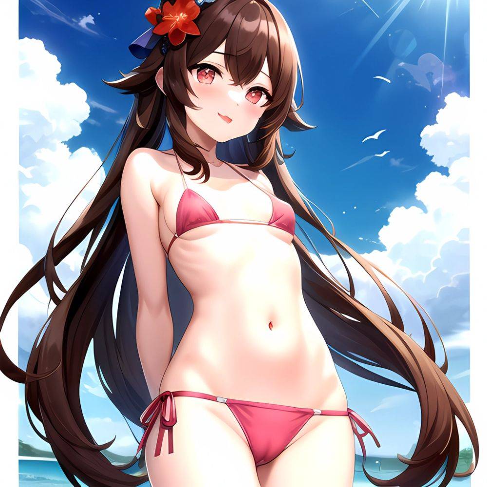 1girl Q Absurdres Arms Behind Back Bikini Blush Breasts Brown Hair Cameltoe Cleft Of Venus Covered Nipples Cowboy Shot Flower, 3870525036 - AIHentai - #main