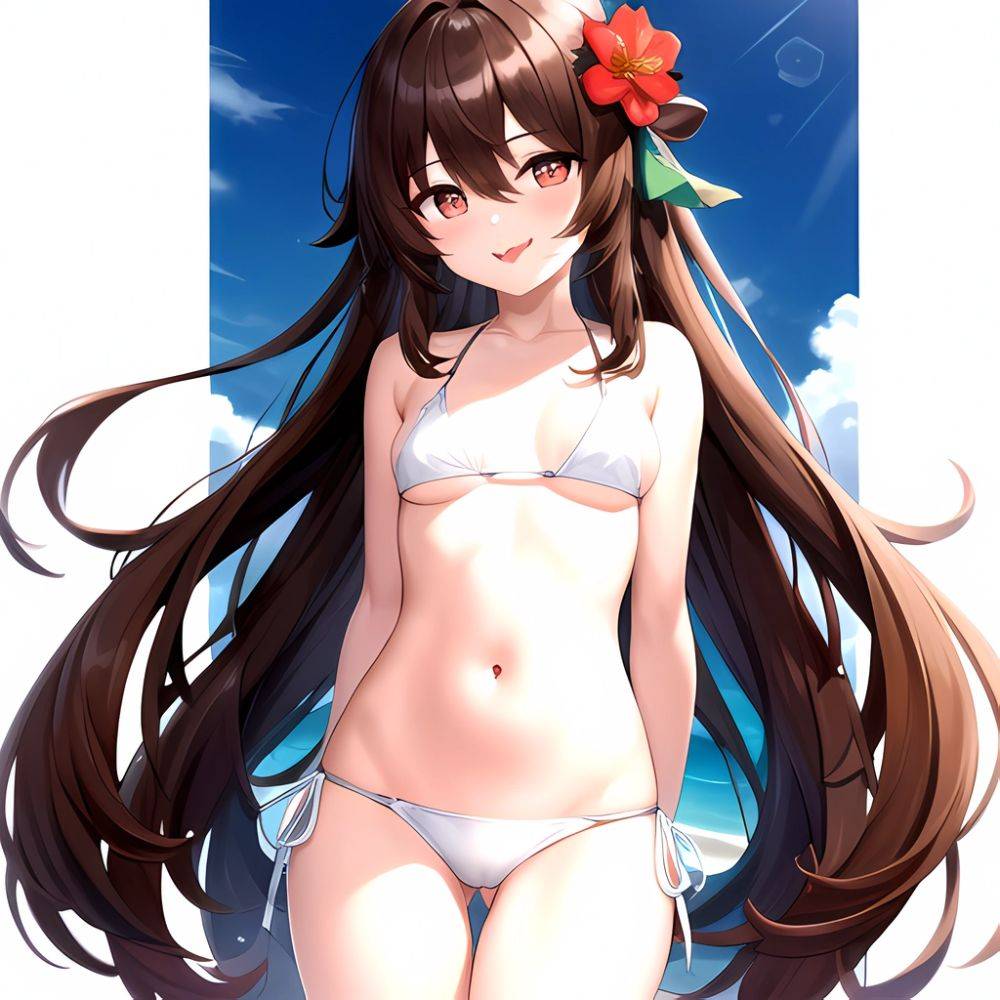 1girl Q Absurdres Arms Behind Back Bikini Blush Breasts Brown Hair Cameltoe Cleft Of Venus Covered Nipples Cowboy Shot Flower, 3017196202 - AIHentai - #main
