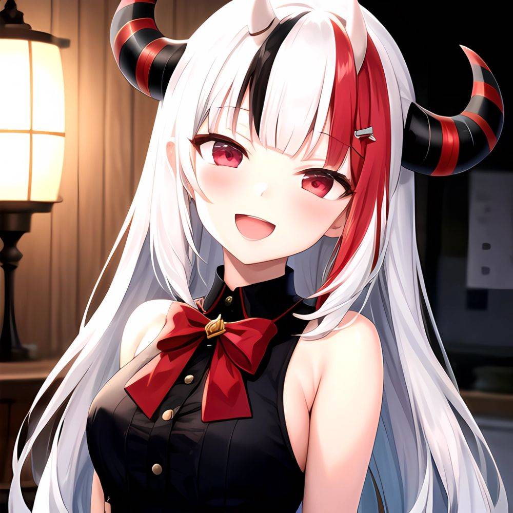 1girl Hololive Horns Long Hair Multicolored Hair Nakiri Ayame Open Mouth Smile Solo Streaked Hair Tonton Utaro White Hair Arms, 3713945081 - AIHentai - #main