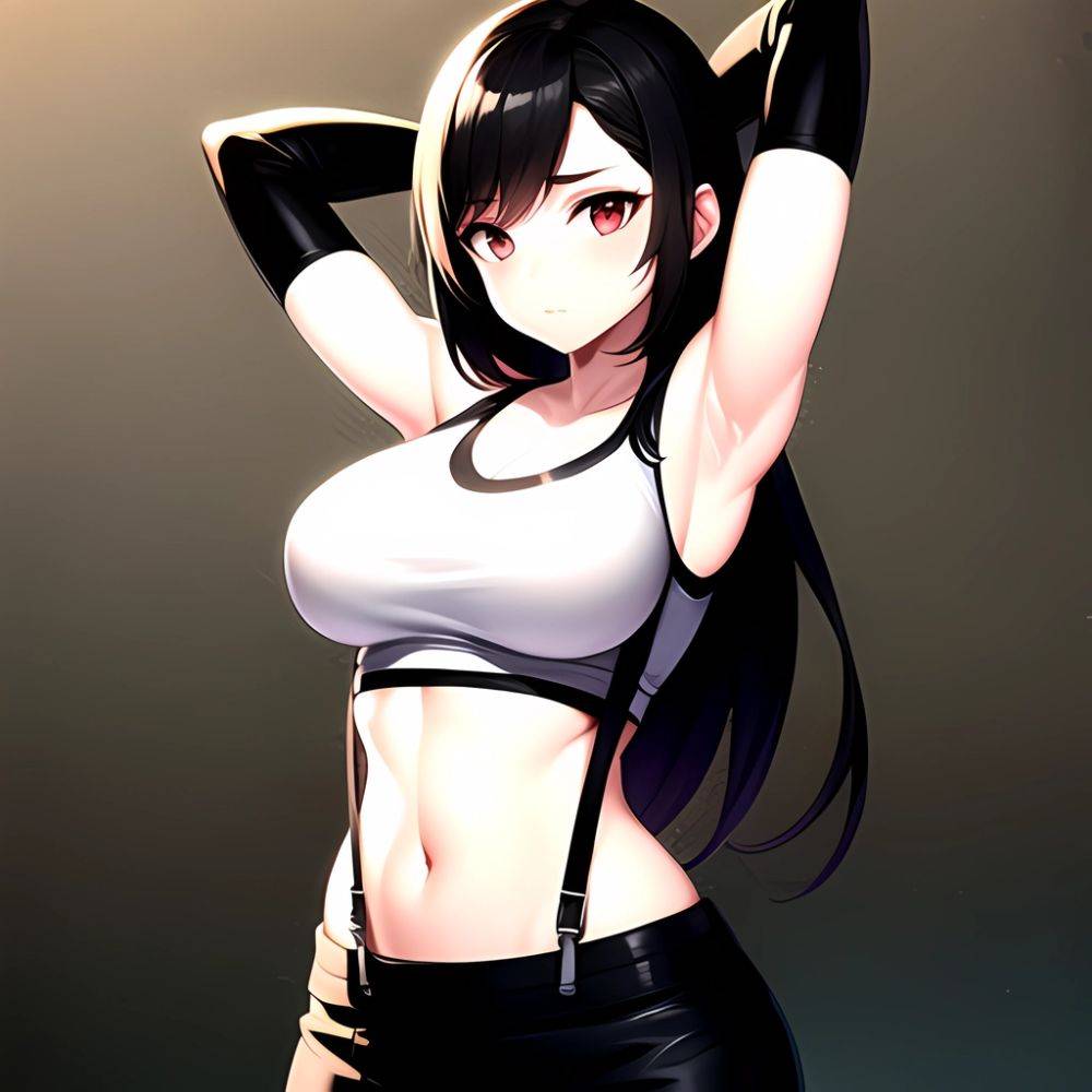 1girl Armpits Arms Behind Head Arms Up Bare Shoulders Black Gloves Black Hair Black Skirt Breasts Closed Mouth Crop Top, 405493165 - AIHentai - #main