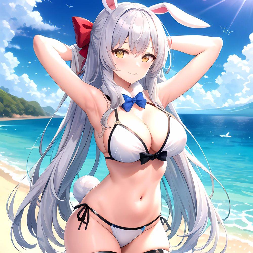 1girl Animal Ears Arms Behind Head Armpits Bare Shoulders Bikini White Bikini Blue Bow Bow Breasts Cleavage Closed Mouth Cowboy, 1245762136 - AIHentai - #main