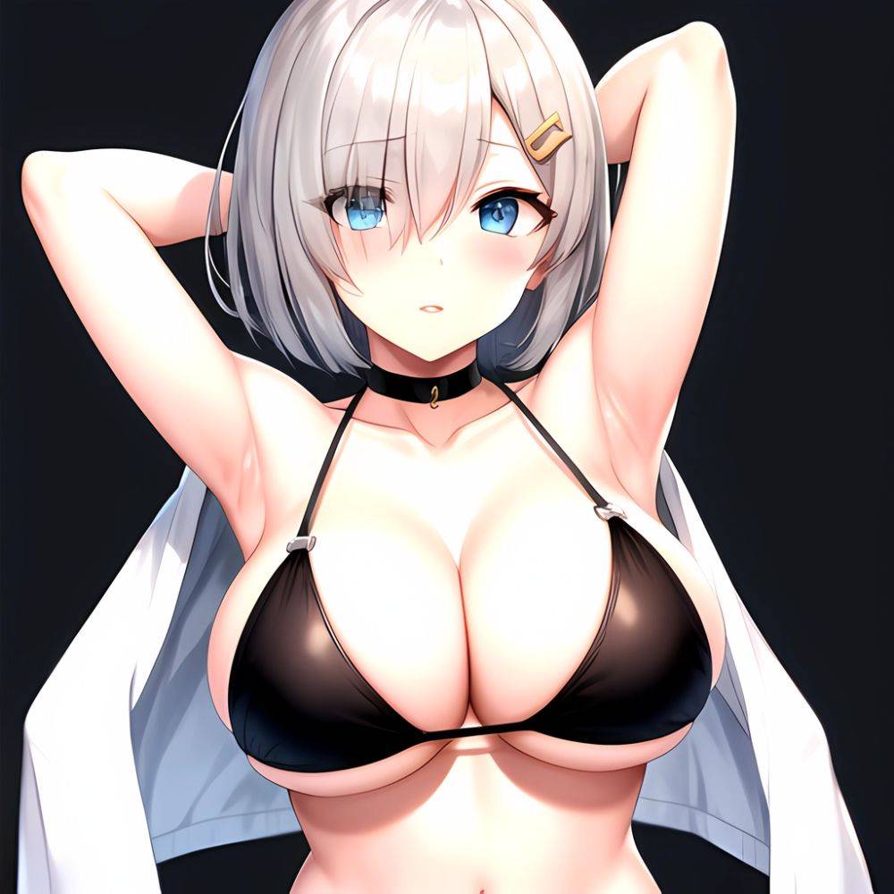 1girl Absurdres Armpits Arms Behind Head Bikini Black Bikini Black Choker Blue Eyes Blush Breasts Choker Cleavage Commentary Req, 3052188257 - AIHentai - #main