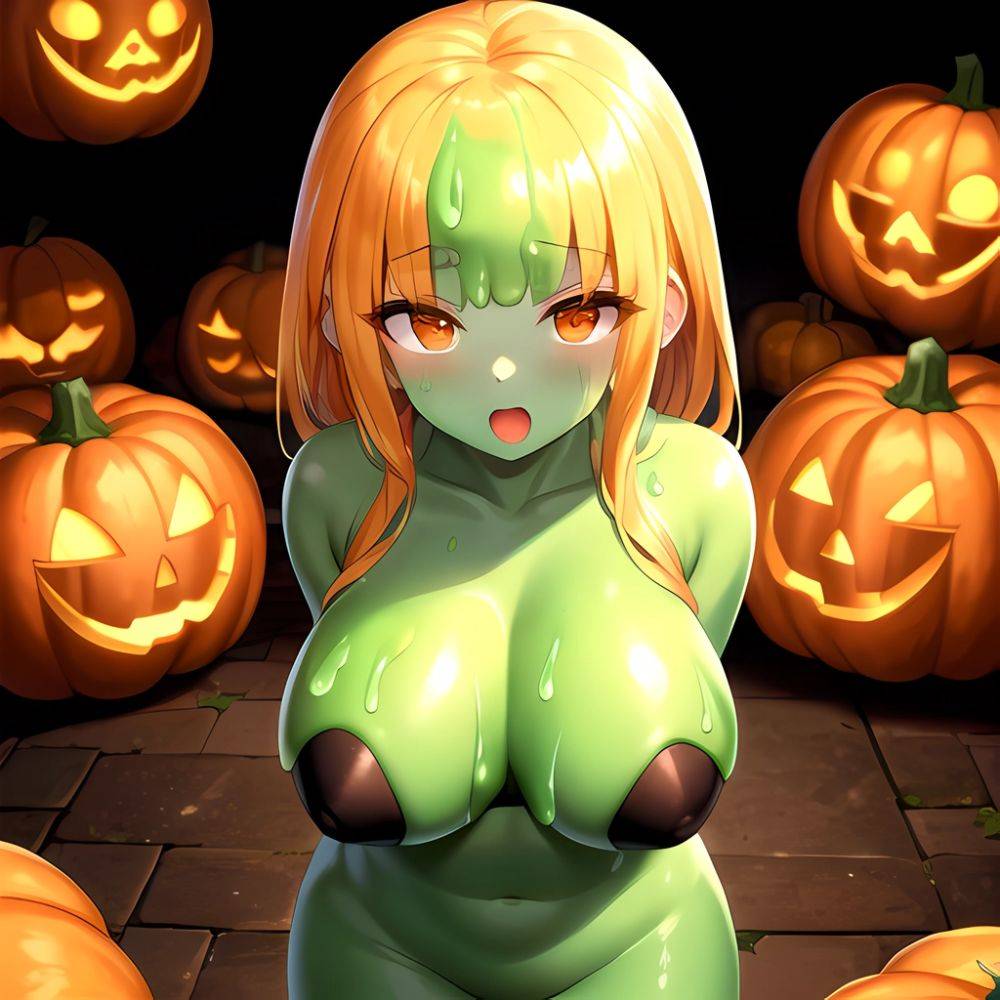 Orange Slime Messy Slime Big Boobs Pov Pumpkins Orange And Black Standing Up Facing The Viewer Arms Behind Back, 2174963168 - AIHentai - #main