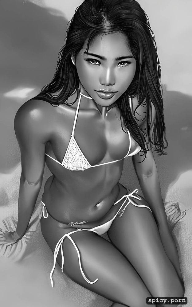 thai teen, dark skin, sitting on a thailand beach, intricate long hair - #main