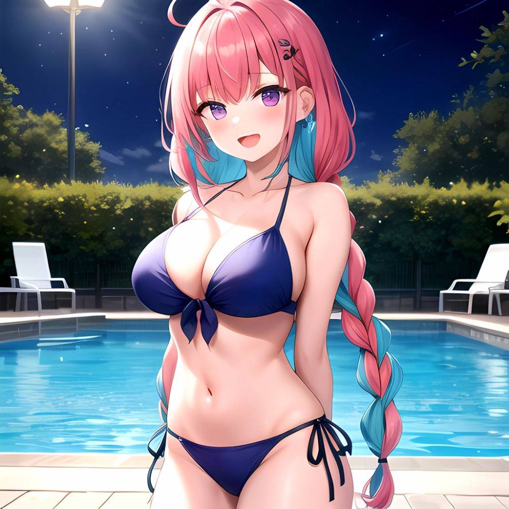 1girl Ahoge Bare Shoulders Bikini Blue Bikini Blue Hair Blush Braid Breasts Cleavage Colored Inner Hair Front Tie Bikini Top, 3885481384 - AIHentai - #main