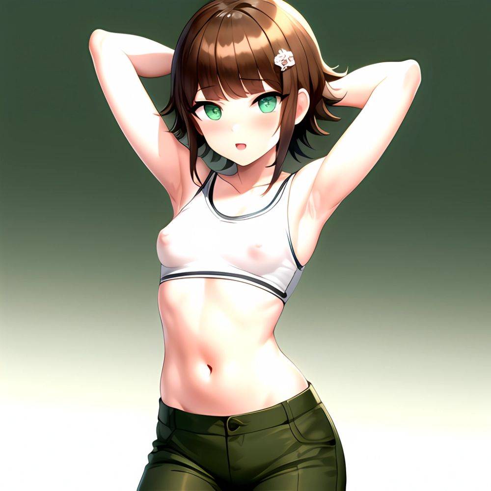 1boy Armpits Arms Behind Head Blush Breasts Brown Hair Bulge Collarbone Contrapposto Covered Nipples Crop Top Danganronpa Trigge, 732379210 - AIHentai - #main