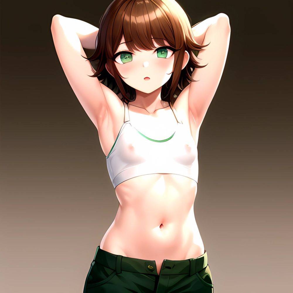 1boy Armpits Arms Behind Head Blush Breasts Brown Hair Bulge Collarbone Contrapposto Covered Nipples Crop Top Danganronpa Trigge, 570226223 - AIHentai - #main