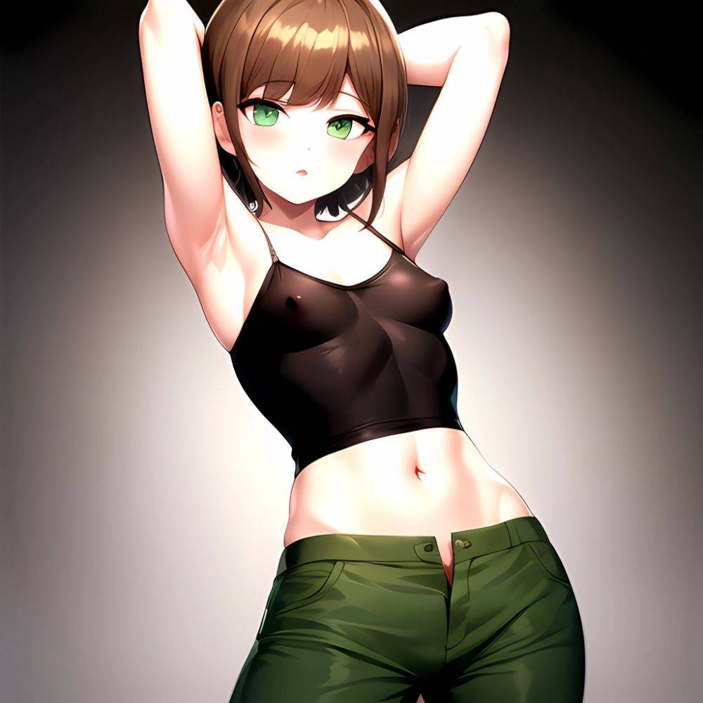 1boy Armpits Arms Behind Head Blush Breasts Brown Hair Bulge Collarbone Contrapposto Covered Nipples Crop Top Danganronpa Trigge, 1506050361 - AIHentai - #main