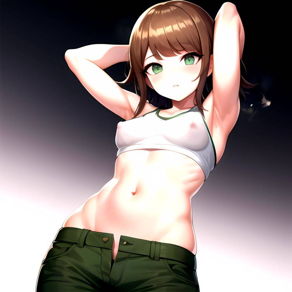 1boy Armpits Arms Behind Head Blush Breasts Brown Hair Bulge Collarbone Contrapposto Covered Nipples Crop Top Danganronpa Trigge, 1041647255 - AIHentai - #main
