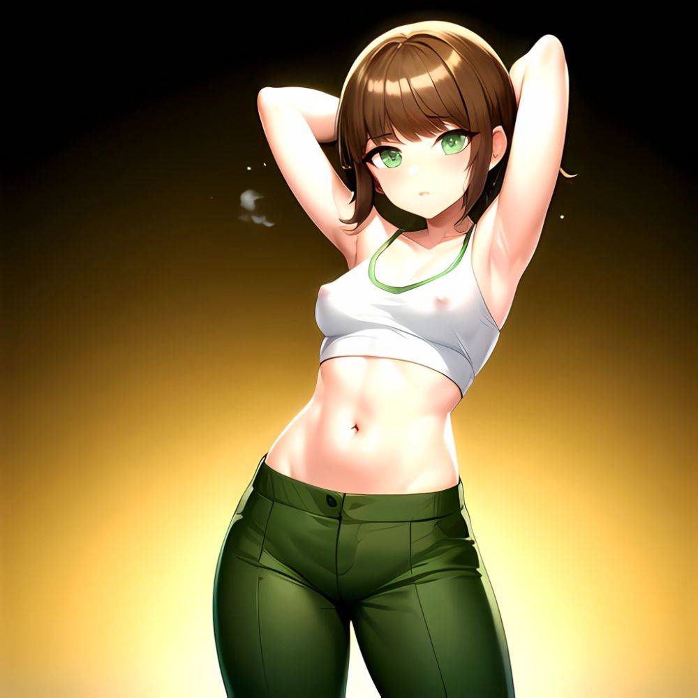 1boy Armpits Arms Behind Head Blush Breasts Brown Hair Bulge Collarbone Contrapposto Covered Nipples Crop Top Danganronpa Trigge, 2209556900 - AIHentai - #main