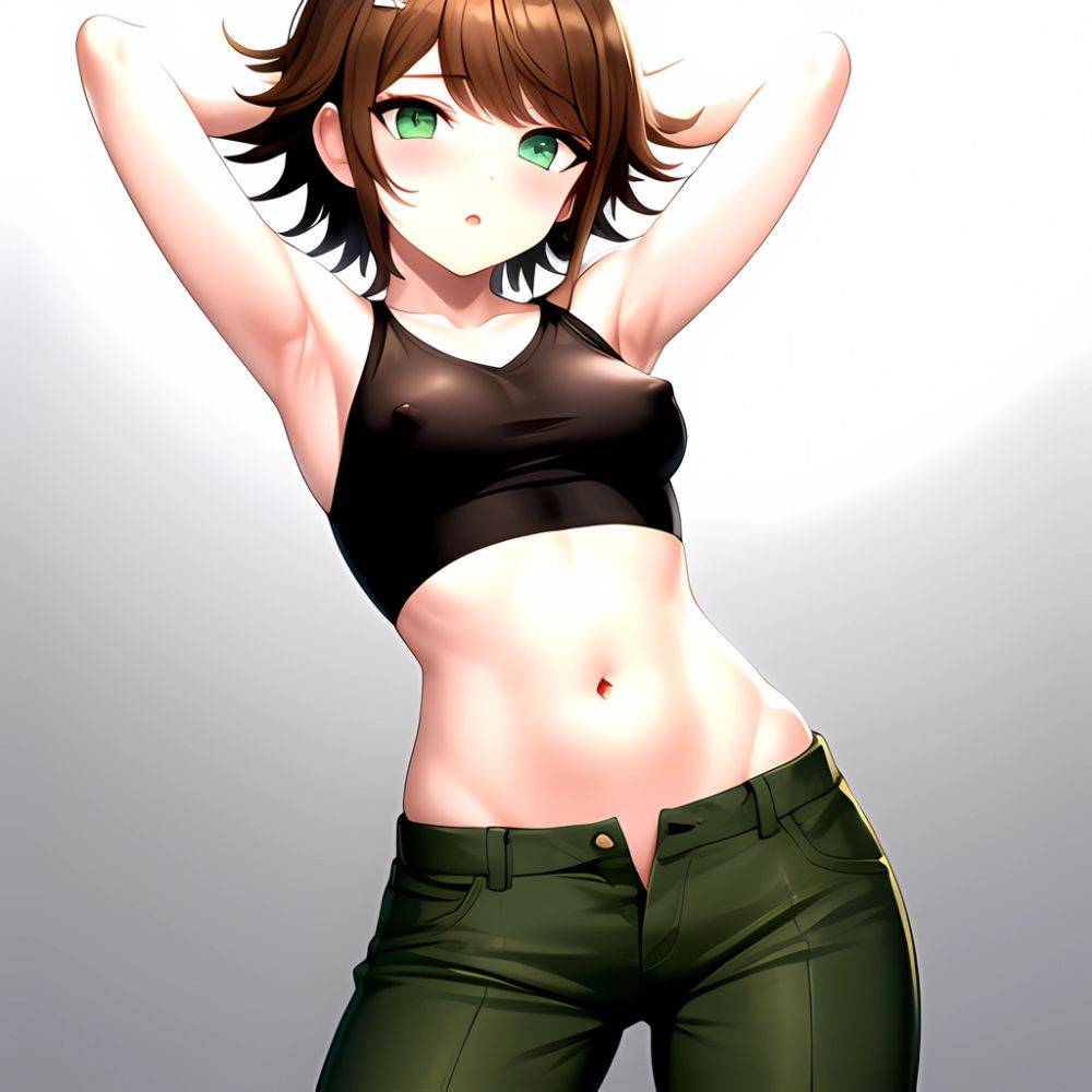 1boy Armpits Arms Behind Head Blush Breasts Brown Hair Bulge Collarbone Contrapposto Covered Nipples Crop Top Danganronpa Trigge, 813027430 - AIHentai - #main