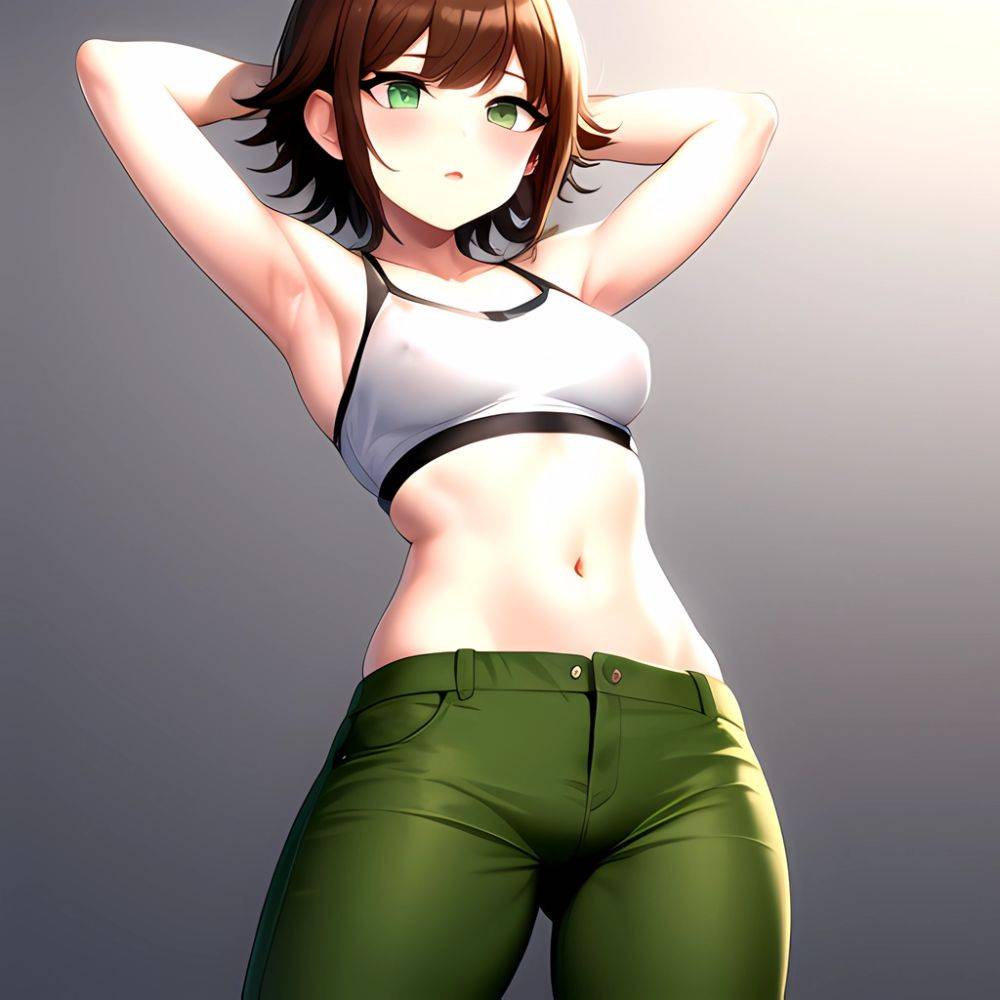 1boy Armpits Arms Behind Head Blush Breasts Brown Hair Bulge Collarbone Contrapposto Covered Nipples Crop Top Danganronpa Trigge, 363756144 - AIHentai - #main