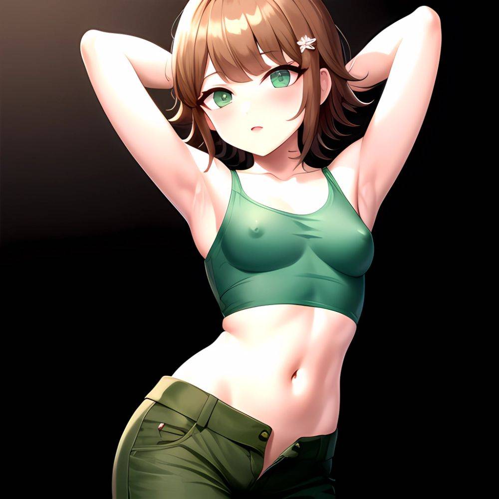 1boy Armpits Arms Behind Head Blush Breasts Brown Hair Bulge Collarbone Contrapposto Covered Nipples Crop Top Danganronpa Trigge, 577437409 - AIHentai - #main