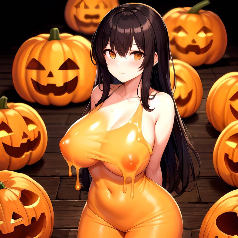 Orange Slime Messy Slime Big Boobs Pov Pumpkins Orange And Black Standing Up Facing The Viewer Arms Behind Back, 3434362963 - AIHentai - #main