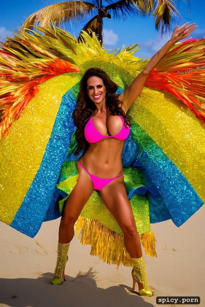 color portrait, long hair, 42 yo beautiful performing white rio carnival dancer at copacabana beach - #main