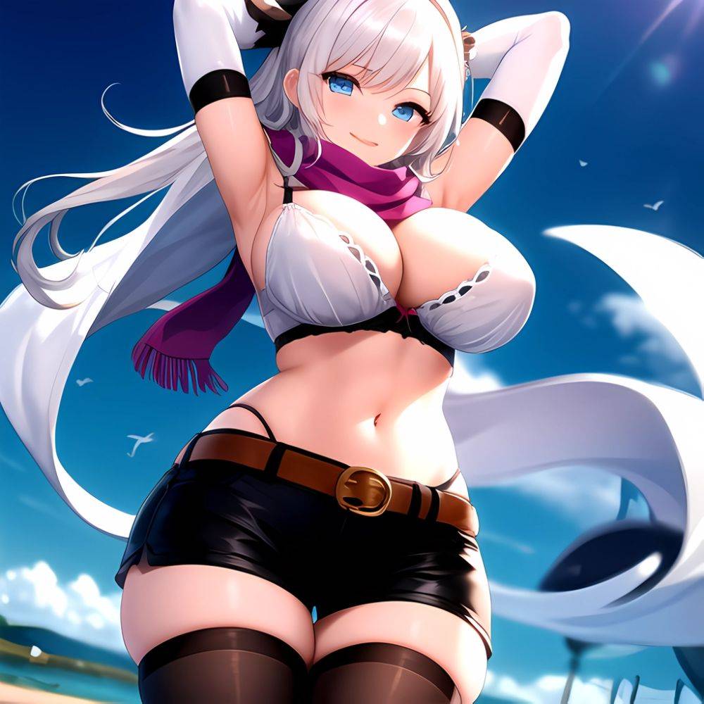 1girl Armpits Arms Behind Head Belt Black Bra Black Gloves Black Pantyhose Blue Eyes Blurry Blurry Background Bra Breasts Curvy, 2543062026 - AIHentai - #main