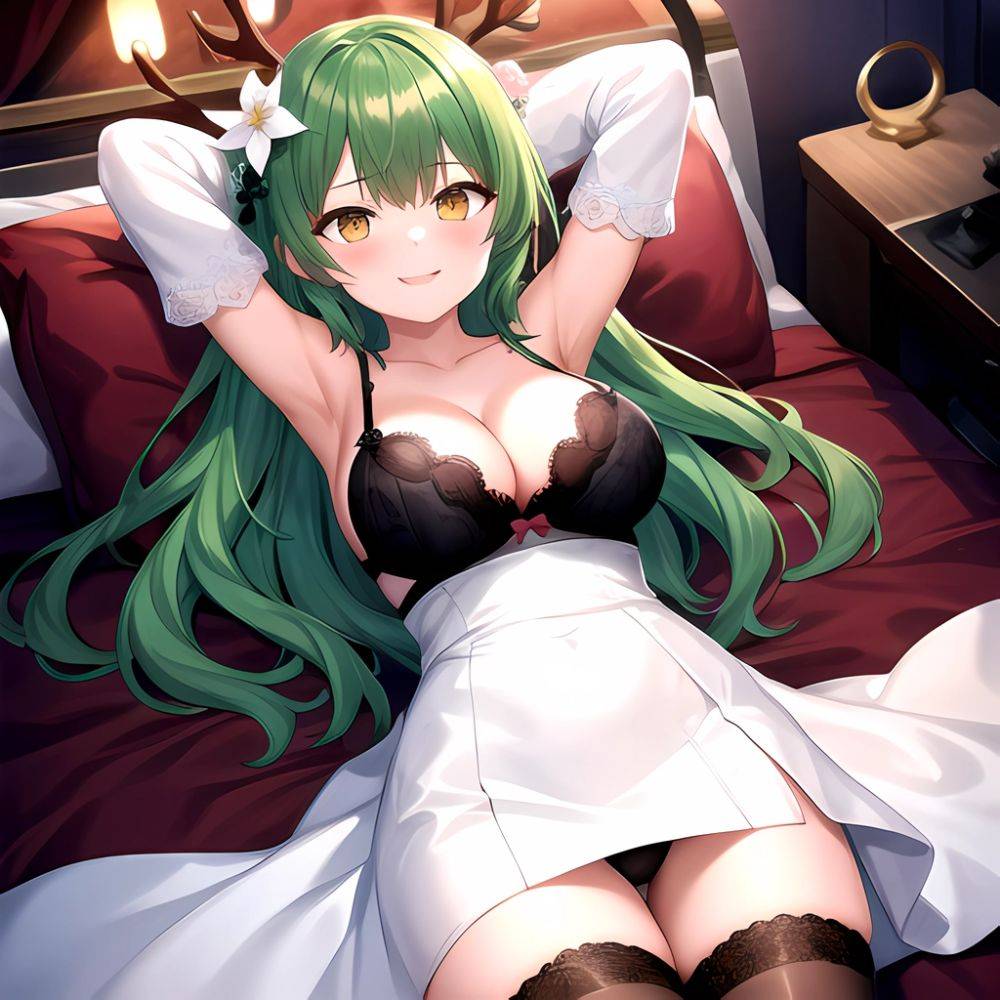 1girl Alternate Costume Antlers Armpits Arms Behind Head Bed Sheet Black Bra Black Thighhighs Bra Branch Breasts Ceres Fauna Cle, 1594621786 - AIHentai - #main