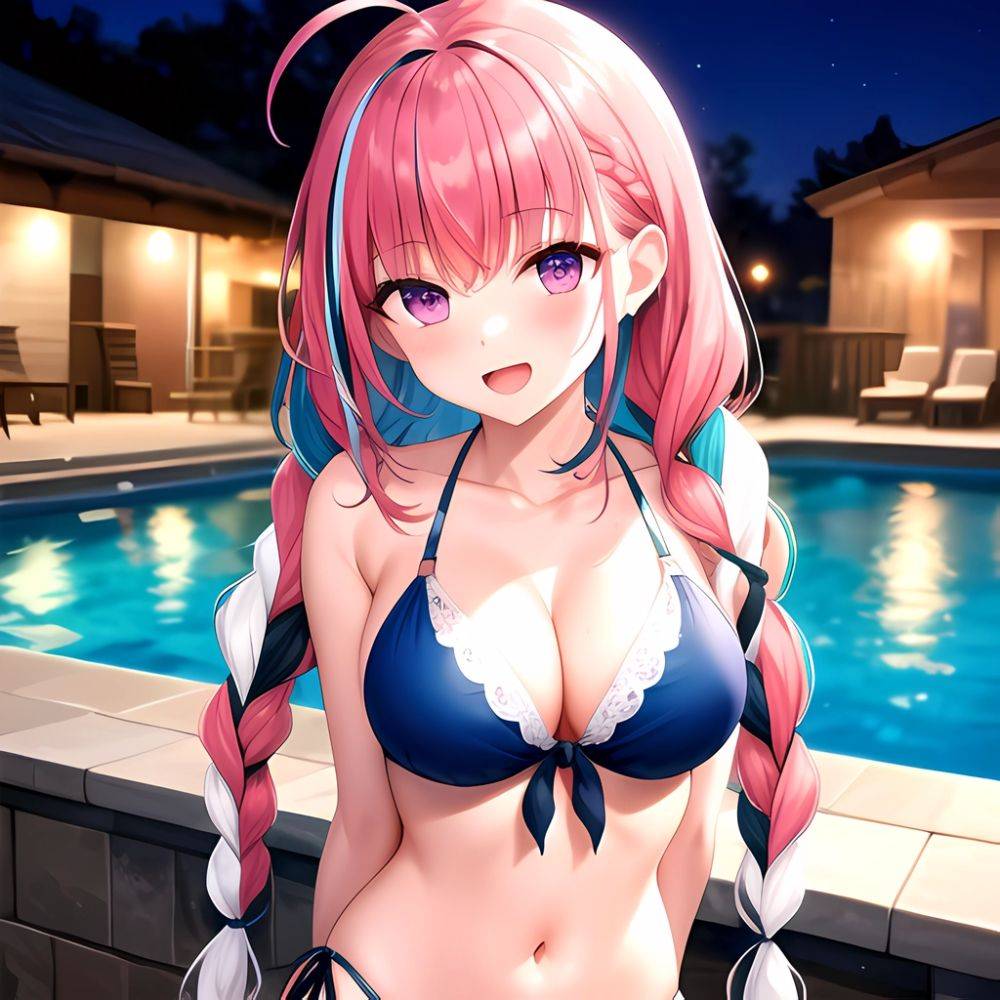 1girl Ahoge Bare Shoulders Bikini Blue Bikini Blue Hair Blush Braid Breasts Cleavage Colored Inner Hair Front Tie Bikini Top, 1076357619 - AIHentai - #main