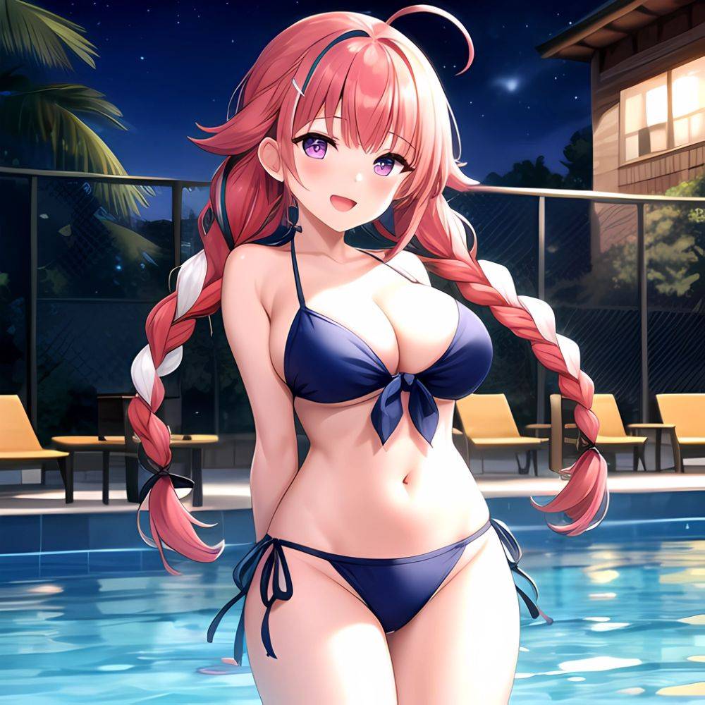 1girl Ahoge Bare Shoulders Bikini Blue Bikini Blue Hair Blush Braid Breasts Cleavage Colored Inner Hair Front Tie Bikini Top, 481731355 - AIHentai - #main