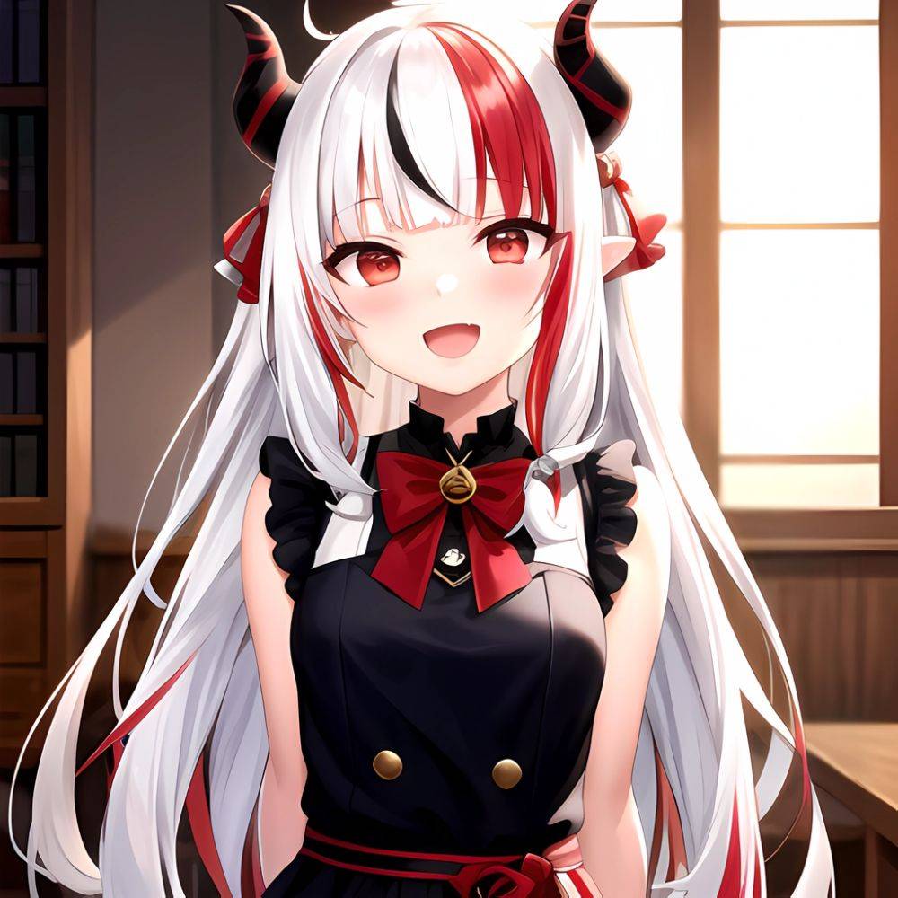 1girl Hololive Horns Long Hair Multicolored Hair Nakiri Ayame Open Mouth Smile Solo Streaked Hair Tonton Utaro White Hair Arms, 1632568830 - AIHentai - #main