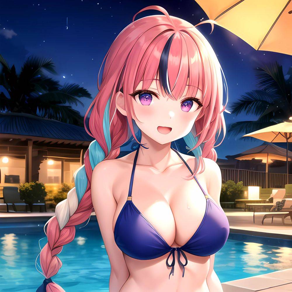 1girl Ahoge Bare Shoulders Bikini Blue Bikini Blue Hair Blush Braid Breasts Cleavage Colored Inner Hair Front Tie Bikini Top, 3215627681 - AIHentai - #main