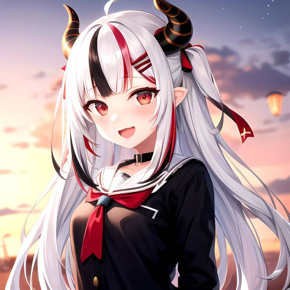 1girl Hololive Horns Long Hair Multicolored Hair Nakiri Ayame Open Mouth Smile Solo Streaked Hair Tonton Utaro White Hair Arms, 1253615262 - AIHentai - #main