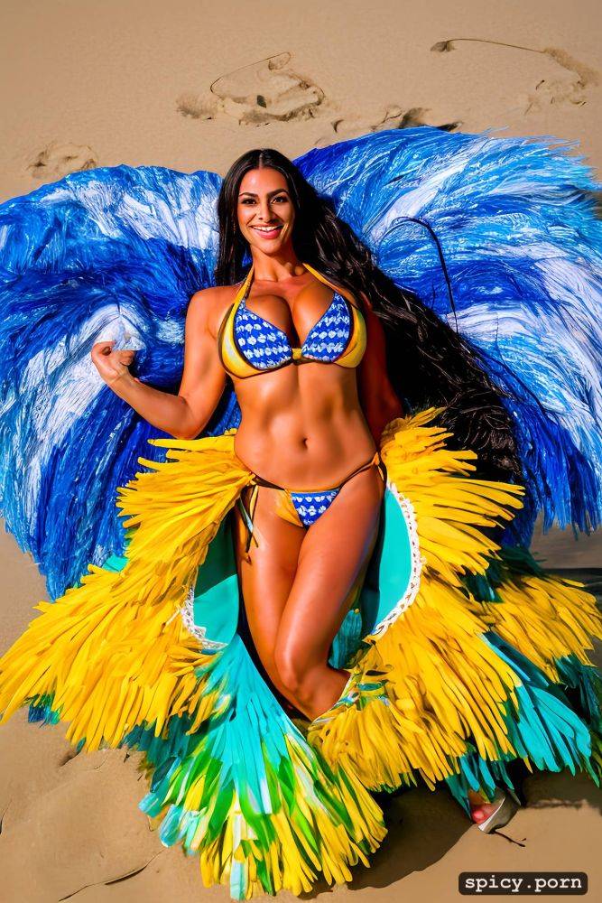 color portrait, long hair, 37 yo beautiful performing white rio carnival dancer at copacabana beach - #main