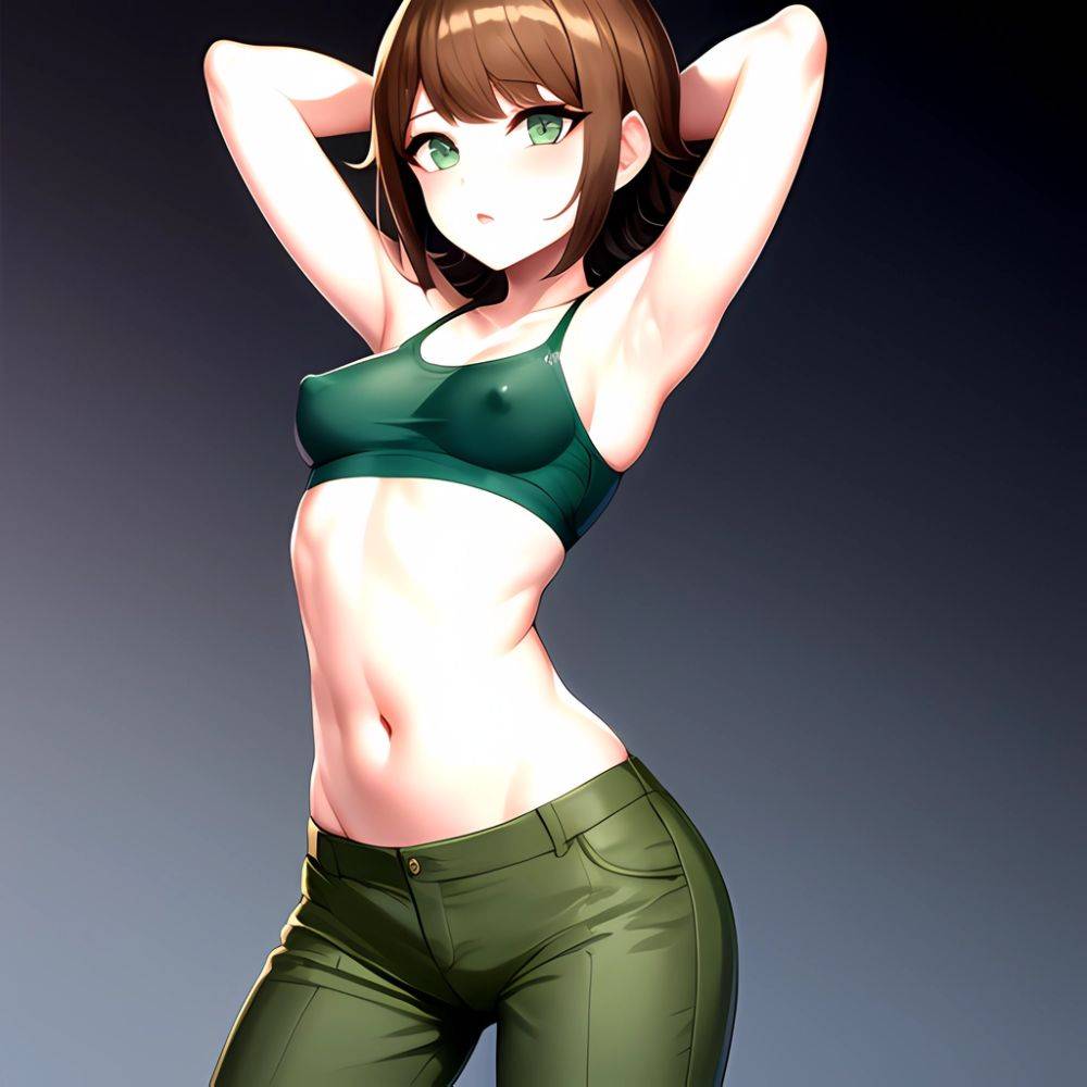 1boy Armpits Arms Behind Head Blush Breasts Brown Hair Bulge Collarbone Contrapposto Covered Nipples Crop Top Danganronpa Trigge, 3318866137 - AIHentai - #main