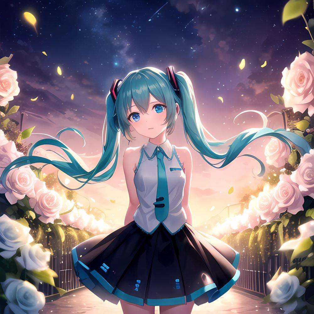 Face Focus Masterpiece Best Quality 1girl Hatsune Miku White Roses Petals Night Background Fireflies Light Particle Solo Aqua Ha, 497990453 - AIHentai - #main