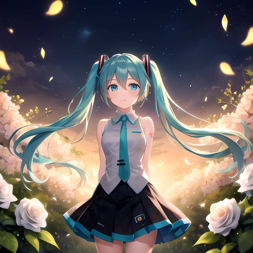 Face Focus Masterpiece Best Quality 1girl Hatsune Miku White Roses Petals Night Background Fireflies Light Particle Solo Aqua Ha, 222079366 - AIHentai - #main
