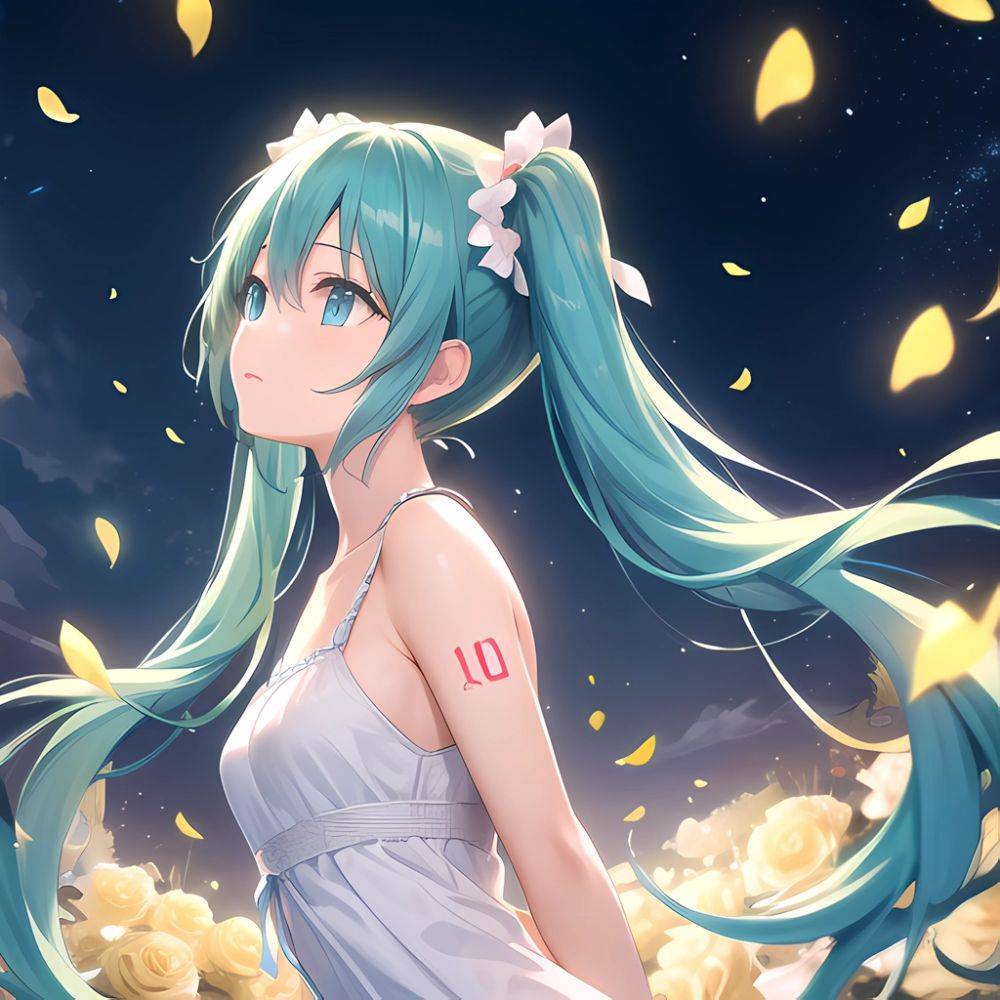 Face Focus Masterpiece Best Quality 1girl Hatsune Miku White Roses Petals Night Background Fireflies Light Particle Solo Aqua Ha, 290425000 - AIHentai - #main